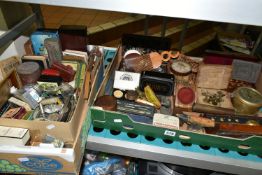 TWO BOXES OF MISCELLANEOUS VINTAGE SUNDRIES, to include two cased hydrometers, an Art Nouveau 'Pins'