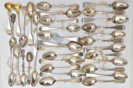 A BAG OF ASSORTED 18TH, 19TH AND 20TH CENTURY SCOTTISH SILVER TEASPOONS AND CONDIMENT SPOONS ASSAYED