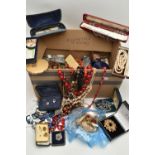 A BOX OF ASSORTED COSTUME JEWELLERY AND ITEMS, to include various beaded necklaces, bracelets,