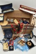 A BOX OF ASSORTED COSTUME JEWELLERY AND ITEMS, to include various beaded necklaces, bracelets,