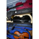 THREE STUDENT VIOLINS including a metallic pink Harlequin full size, a Medini by Cecillo 1/2 size in