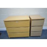AN IKEA MALM BEECH CHEST OF THREE DRAWERS, width 81cm x depth 49cm x height 77cm, and a similar