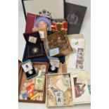 A CARDBOARD BOX OF MIXED COINAGE, to include a 9ct gold 2016 Queen Elizabeth gold penny boxed with