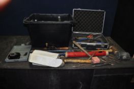 A TRAY AND A CASE CONTAINING TOOLS AND HARDWARE including files, tin snips, pliers, a Faithful