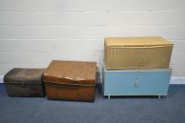 A LLOYD LOOM GOLD WICKER OTTOMAN, a mid-century ottoman, and two tin trunks (condition report:-one