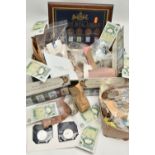 A CARDBOARD BOX OF MIXED COINS AND BANKNOTES, to include Sommerset £1 notes some consecutive 3x