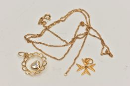 AN ASSORTMENT OF YELLOW METAL JEWELLERY, to include a yellow metal filagree Maltese cross pendant,