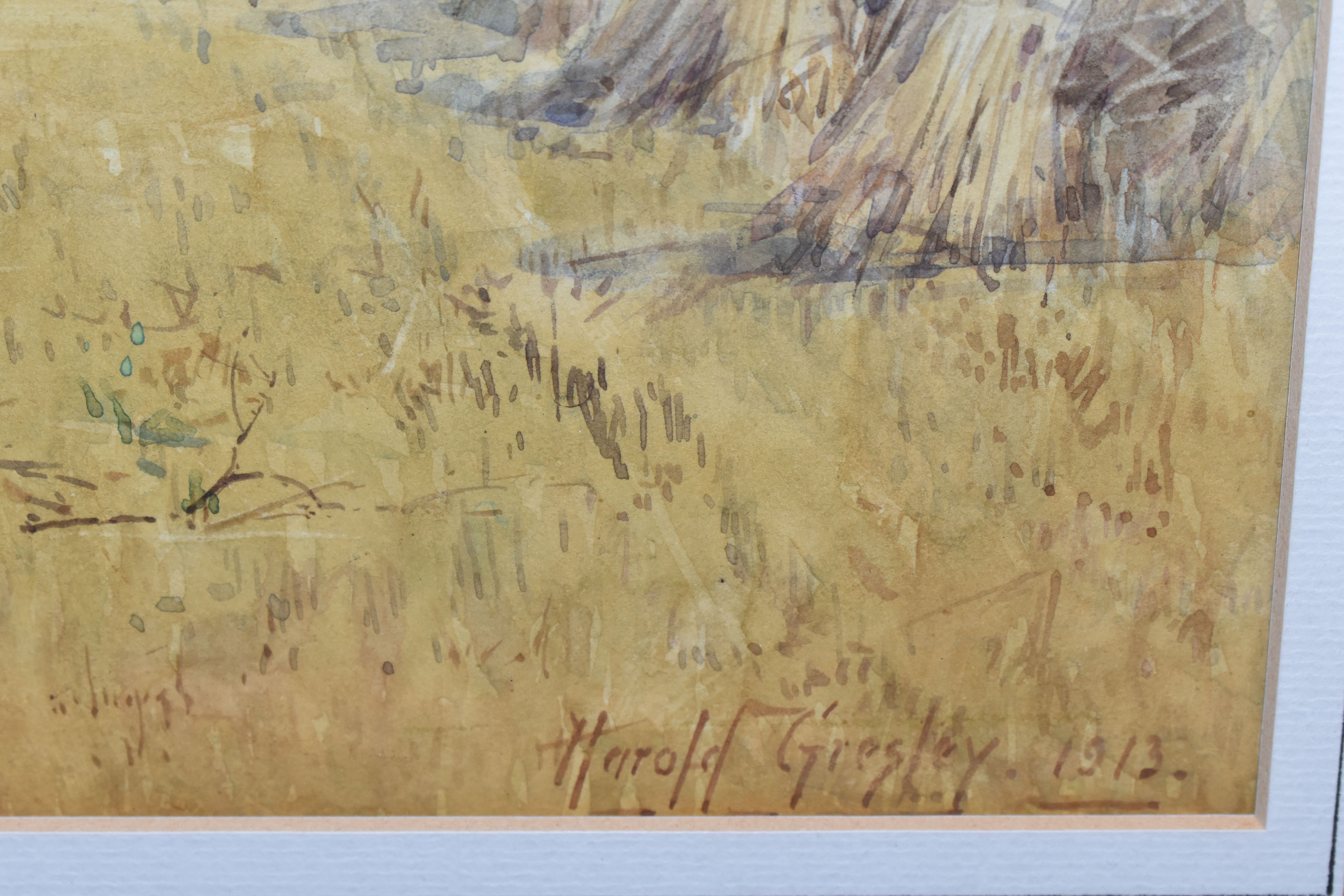 HAROLD GRESLEY (1892-1962) 'HARVESTING NEAR KINGS MILLS', a picturesque landscape depicting - Image 4 of 4