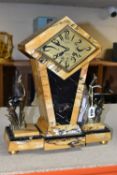 A FRENCH ART DECO MANTEL CLOCK, mustard and black marble, diamond shaped face marked G.Petit-