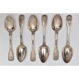 A MATCHED SET OF SIX LATE GEORGIAN SILVER FIDDLE AND THREAD PATTERN DESSERT SPOONS, engraved