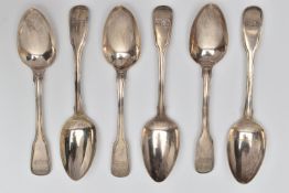 A MATCHED SET OF SIX LATE GEORGIAN SILVER FIDDLE AND THREAD PATTERN DESSERT SPOONS, engraved