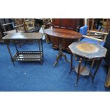 A VICTORIAN AND LATER WALNUT OVAL TRIPOD TABLE, along with an Edwardian mahogany centre table, and a