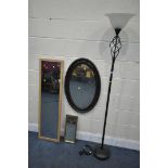 AN UPLIGHTER STANDARD LAMP, with a glass shade, along with three wall mirrors (4)