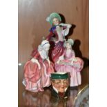 THREE ROYAL DOULTON FIGURINES AND A CHARACTER JUG, comprising Autumn Breezes HN1934 (chipped and