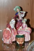 THREE ROYAL DOULTON FIGURINES AND A CHARACTER JUG, comprising Autumn Breezes HN1934 (chipped and