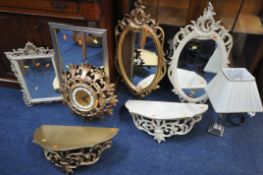 A SELECTION OF MIRRORS, to include a near pair of French foliate wall mirrors, two other mirrors,