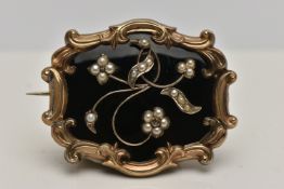 A VICTORIAN MOURNING BROOCH, a large brooch of rectangular form with yellow metal scrolling