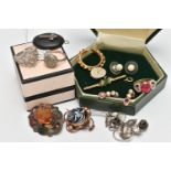 A BAG OF ASSORTED JEWELLERY, to include a pair of 9ct gold ruby and diamond drop earrings, each