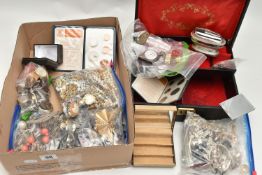 A BOX OF ASSORTED ITEMS, to include a black jewellery box, a small travel jewellery box, a boxed