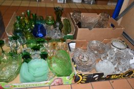FOUR BOXES OF GLASSWARE, to include three cut glass rose bowls, fruit bowls, a jade coloured dessert