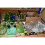 FOUR BOXES OF GLASSWARE, to include three cut glass rose bowls, fruit bowls, a jade coloured dessert