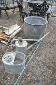 A VINTAGE GALVANISED 'THE POPULAR TUB DOLLY TUB, along with a Haws No4 watering can, and a mop