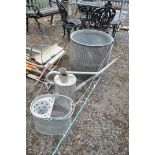 A VINTAGE GALVANISED 'THE POPULAR TUB DOLLY TUB, along with a Haws No4 watering can, and a mop