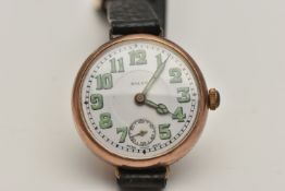 A 9CT GOLD WWI ROLEX TRENCH WRISTWATCH, hand wound movement, round dial signed 'Rolex', Arabic