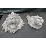 TWO PAINTED FIBREGLASS GARDEN WALL FIGURES of lions that are King and Queen, king measurements,