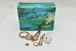 TWO ROLLED GOLD WRIST WATCHES A RING AND ROLEX OUTER BOX, two early 20th century rolled gold ladys