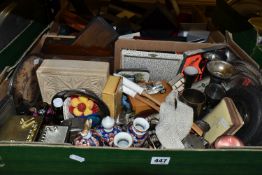 TWO BOXES OF EMPTY JEWELLERY BOXES AND SUNDRY ITEMS, to include assorted empty jewellery boxes, some