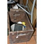 TWO WOODEN 'BUTLERS BEER' CRATES, containing a large Wedgwood blue Jasperware planter, a small WW1