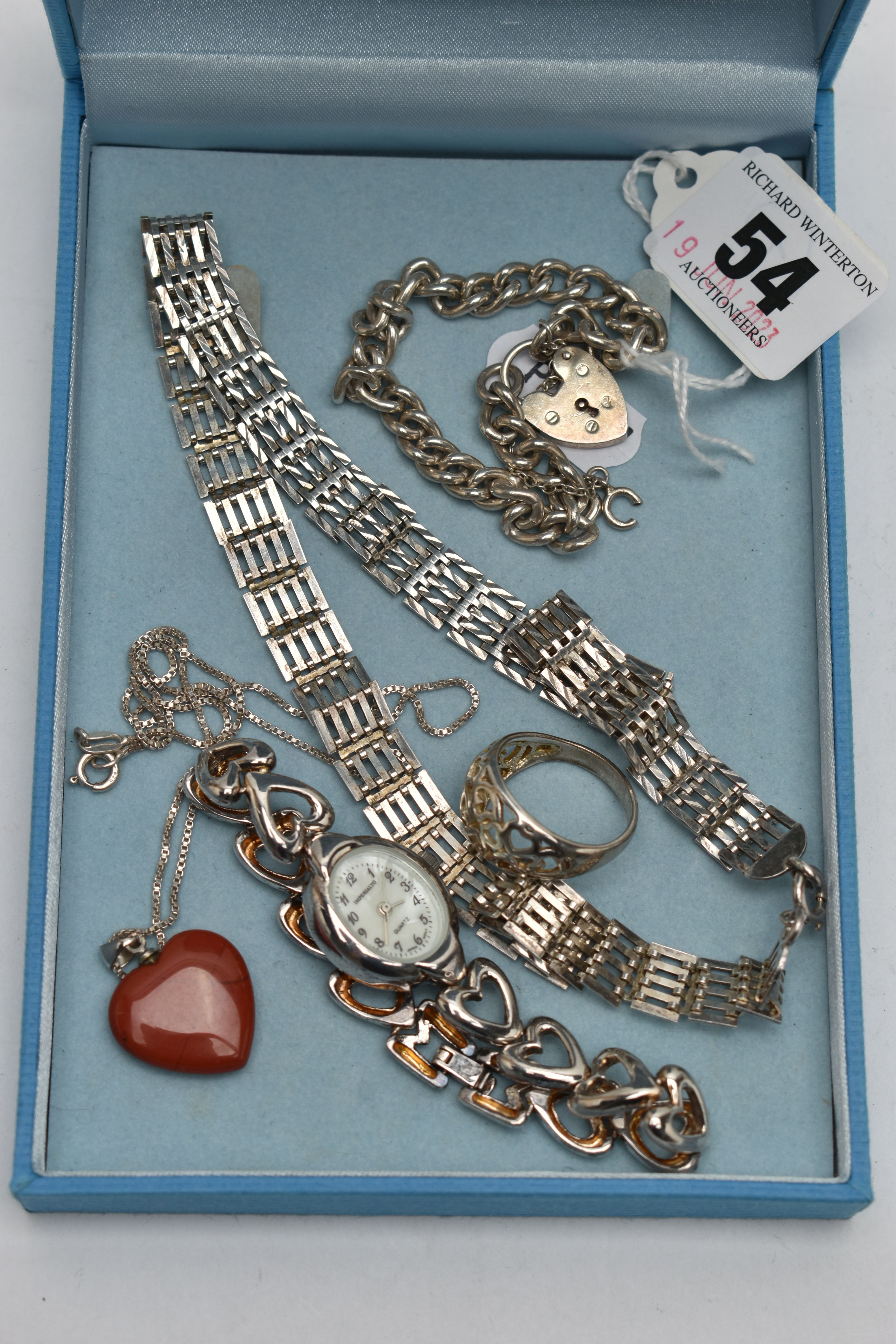 FOUR PIECES OF JEWELERY AND A WRISTWATCH, to include a silver gate bracelet necklace, fitted with