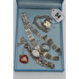 FOUR PIECES OF JEWELERY AND A WRISTWATCH, to include a silver gate bracelet necklace, fitted with