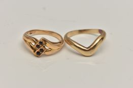 TWO RINGS, the first a V-shape band, ring size M, the second a bifurcated design set with four small