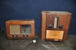 A VINTAGE PYE MODEL P35 VALVE RADIO with a walnut case and a vintage Morphy Richards A48 valve radio