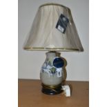 A MODERN MOORCROFT POTTERY TABLE LAMP WITH SHADE, the lamp decorated with waterlily style flowers on