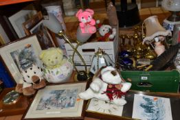 TWO BOXES AND LOOSE METALWARES, LAMPS, SOFT TOYS AND SUNDRY ITEMS, to include brass vases, small