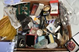 A BOX OF ASSORTED ITEMS, to include a small yellow metal stick pin set with seed pearls, and a large
