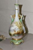A ROYAL WORCESTER HADLEY WARE TWIN HANDLED BALUSTER VASE, painted with pheasants on a branch to