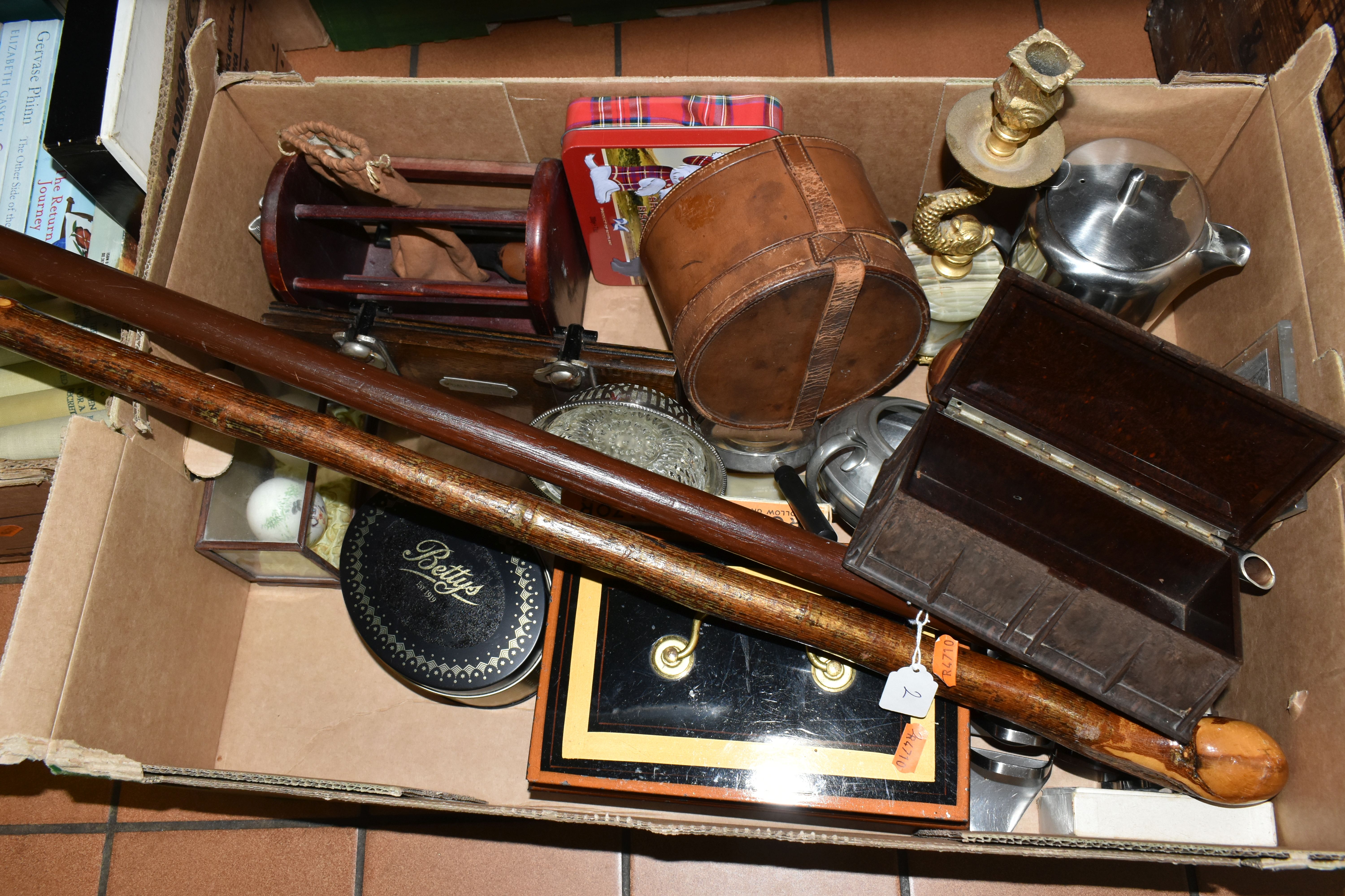 FOUR BOXES OF BOOKS AND MISCELLANEOUS SUNDRIES, to include two walking sticks, onyx candle holder, a - Image 2 of 6