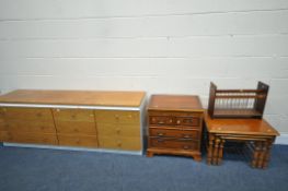 A MID CENTURY PARTIAL TEAK SIDEBOARD/CHEST OF NINE DRAWERS, length 183cm x depth 46cm x height 55cm,