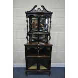 AN EDWARDIAN MAHOGANY OPEN CORNER UNIT, with an arrangement of mirrors, and shelving, width 76cm x