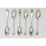 A SET OF SIX LATE VICTORIAN SILVER OLD ENGLISH PATTERN DESSERT SPOONS, makers John Round & Son