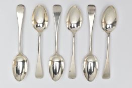 A SET OF SIX LATE VICTORIAN SILVER OLD ENGLISH PATTERN DESSERT SPOONS, makers John Round & Son