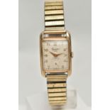 A GENTS 9CT GOLD 'EVERITE' WRISTWATCH, manual wind, tank style case, rectangular dial signed '