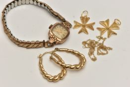 AN ASSORTMENT OF YELLOW METAL JEWELLERY AND A 9CT GOLD WRIST WATCH, two yellow metal filagree