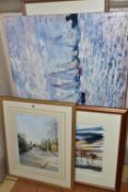 SIX PICTURES AND PRINTS ETC, comprising a watercolour depicting Scropton Village signed Enid Monroe,