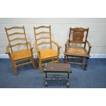 A PAIR OF ELM GRAHAM AMEY LADDER BACK CARVER CHAIRS, along with an oak rush seated armchair, and a
