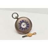 A WHITE METAL HALF HUNTER POCKET WATCH, key wound, blue enamel Roman dial to the case front, white